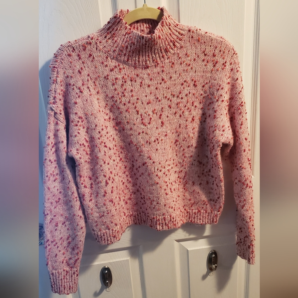 LC Lauren Conrad Pink & Red Confetti Mock Neck Cropped Sweater Size medium